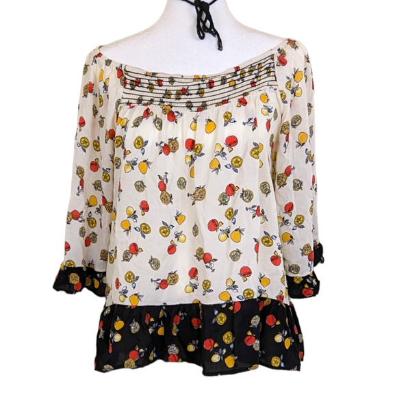 Democracy Smocked Fruit Print Bohemian Peasant Top M - Picture 9 of 9
